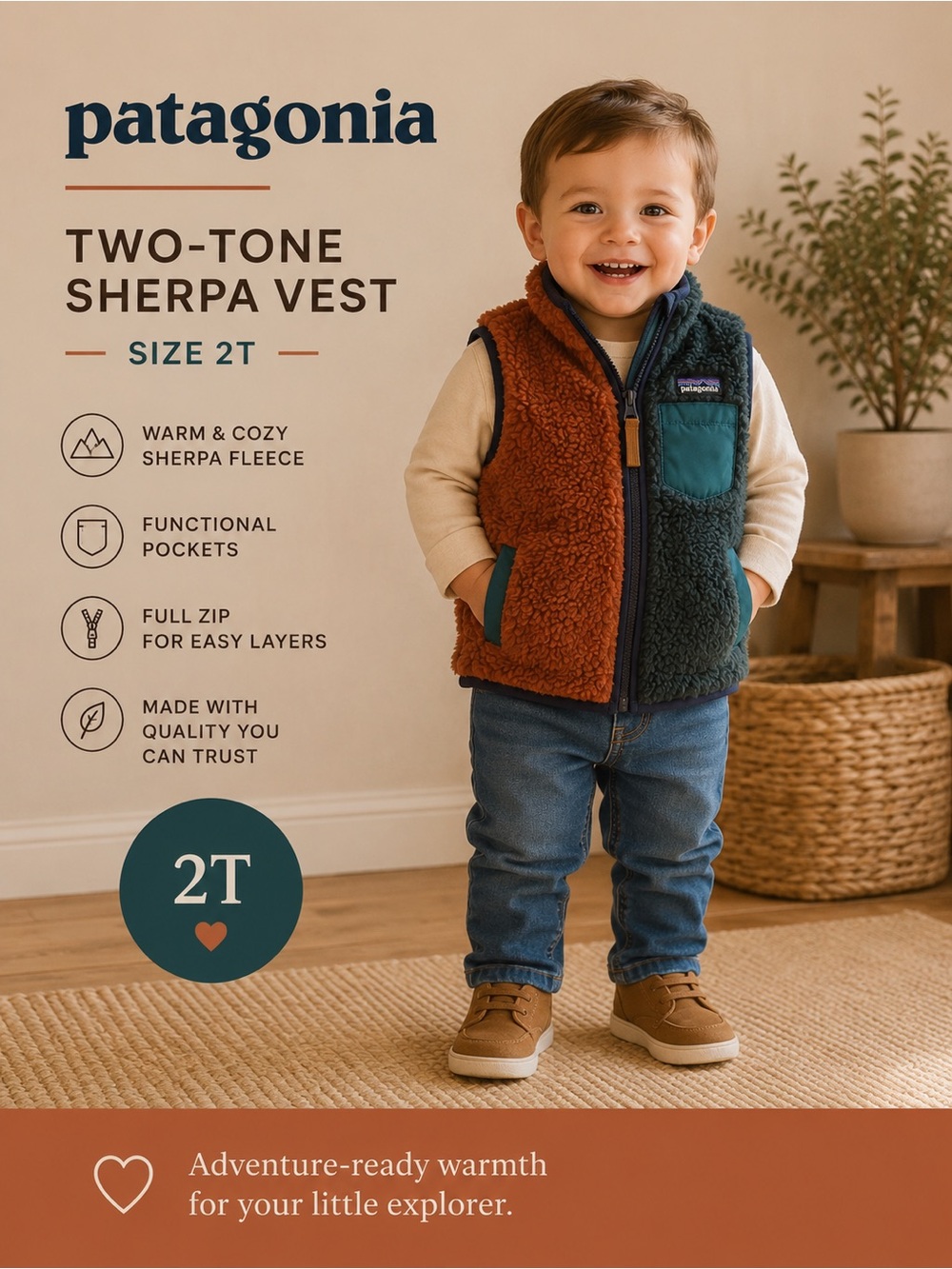 Patagonia Two-Tone Sherpa Vest - Rust Orange & deep teal green/blue
